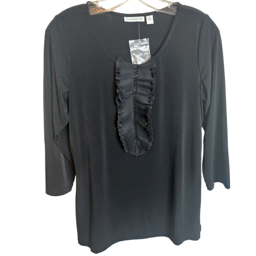 Susan Graver Black Ruffle Front Detail Blouse, NWOT, Small